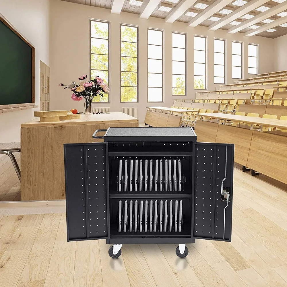 Troli Pengisian Daya dan Penyimpanan Bergerak 30 Bay untuk iPad, Chromebook, dan Komputer Laptop, Ukuran Layar Hingga 13 inci, Perlindungan dari Lonjakan Arus