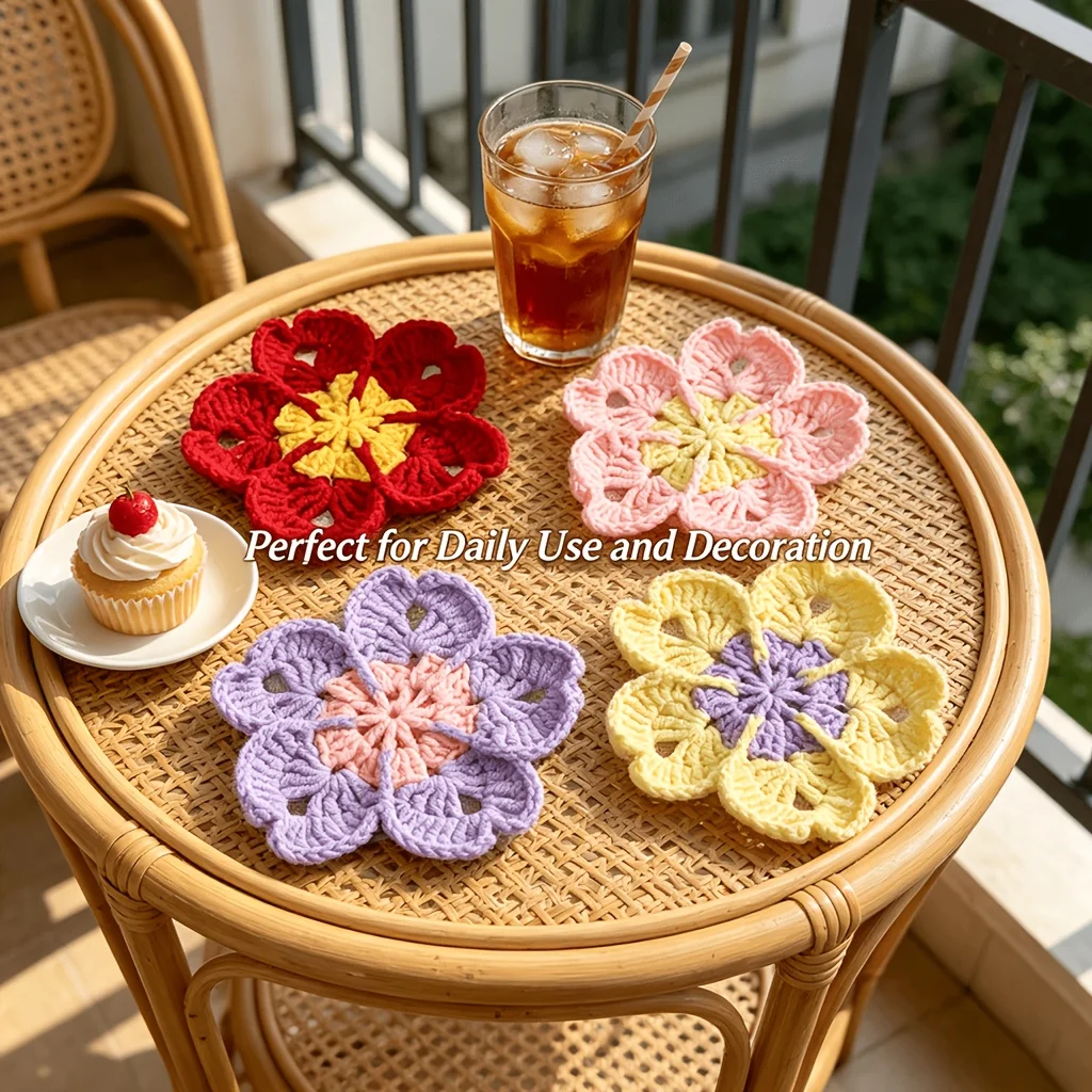 4pcs Hand Crochet Cherry Blossom Coasters, Japanese Lolita Style, Desktop Anti-Slip Pads Souvenirs