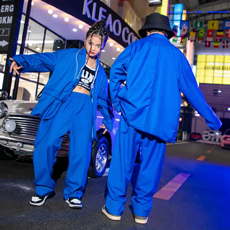 Adult Kids Hip Hop Fashion Klein Blue Sets Blazer Letter Top Pants Teen Boys Street Dance Costumes Girls Jazz Performance Suits
