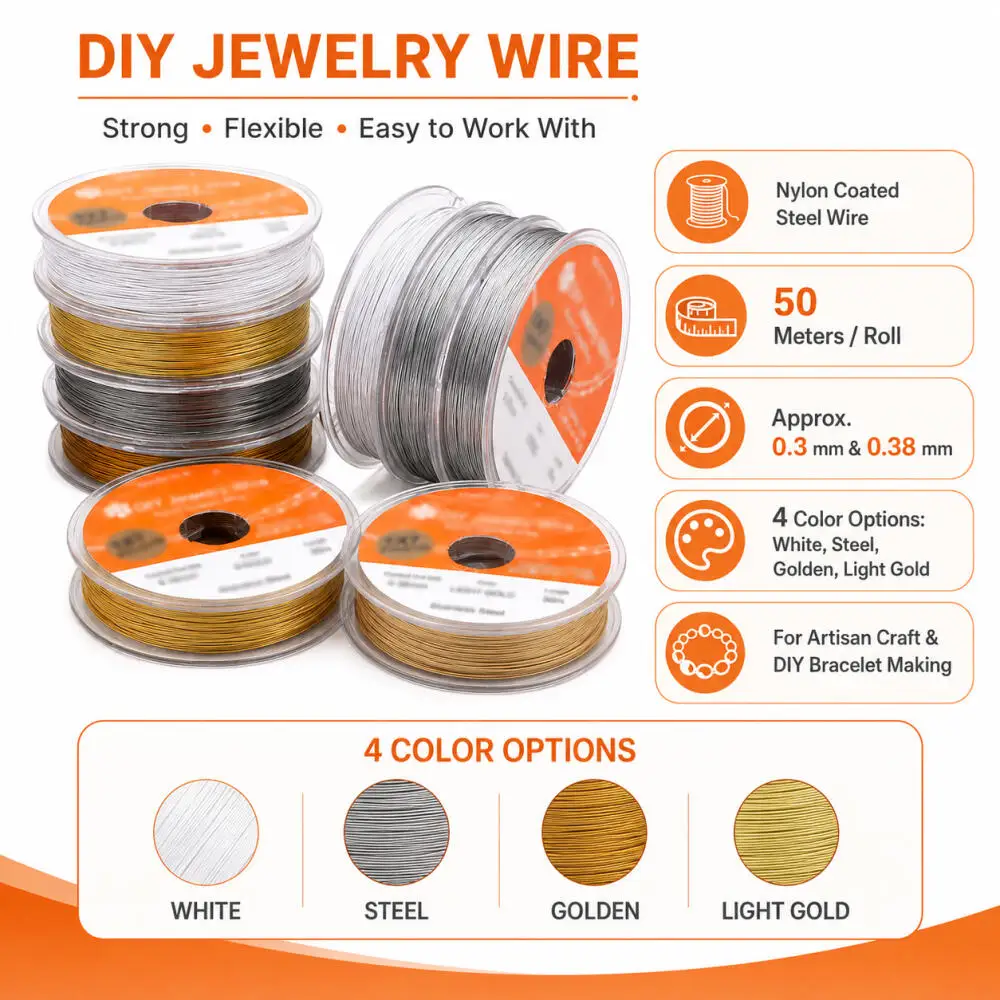 1-5Roll 50m 0.3/0.38mm Nylon Coated Beading Wire,White /Golden /Steel Thread for Jewelry Making DIY Bracelet Necklace Fin