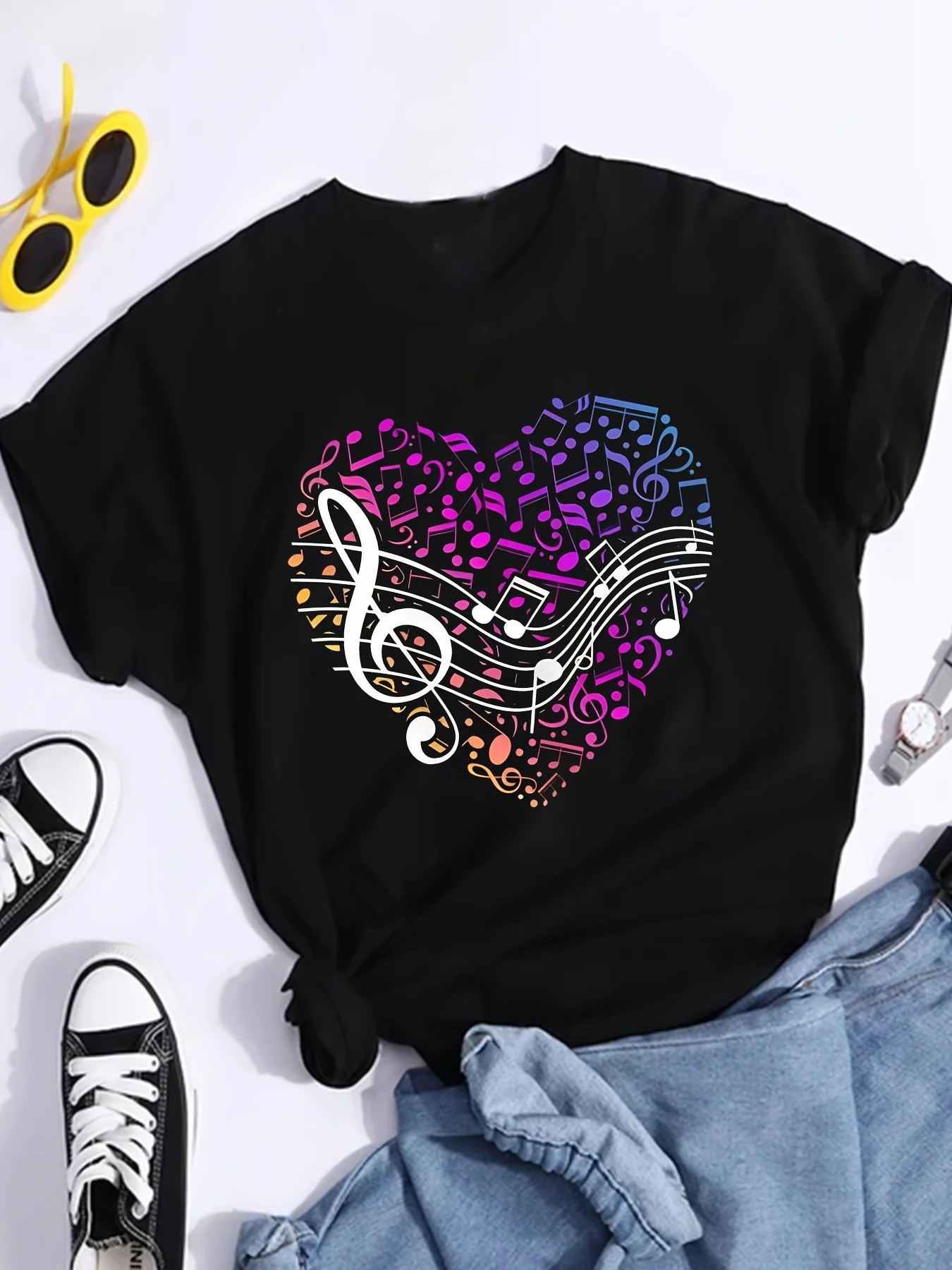 Women's Musical Notes Heart Treble Clef Music Round Neck T-Shirt 2024 New Summer Fashion Cute Women's Short Sleeved Top
