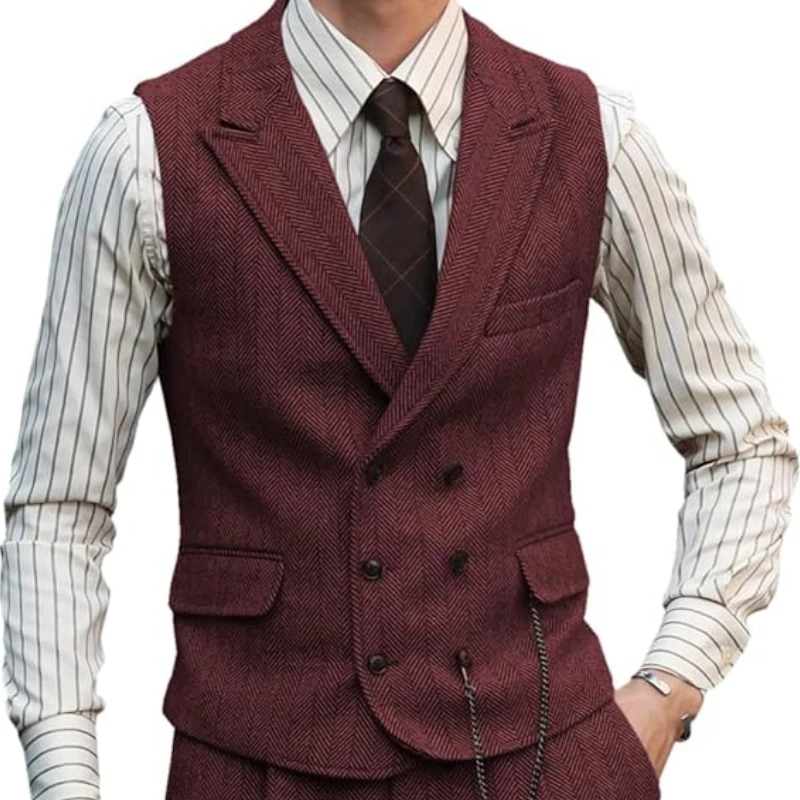 Herringbone Men Vest Dark Green Suede Leather Gentleman Business Waistcoat Vintage Regular Slim Men Suit Vest