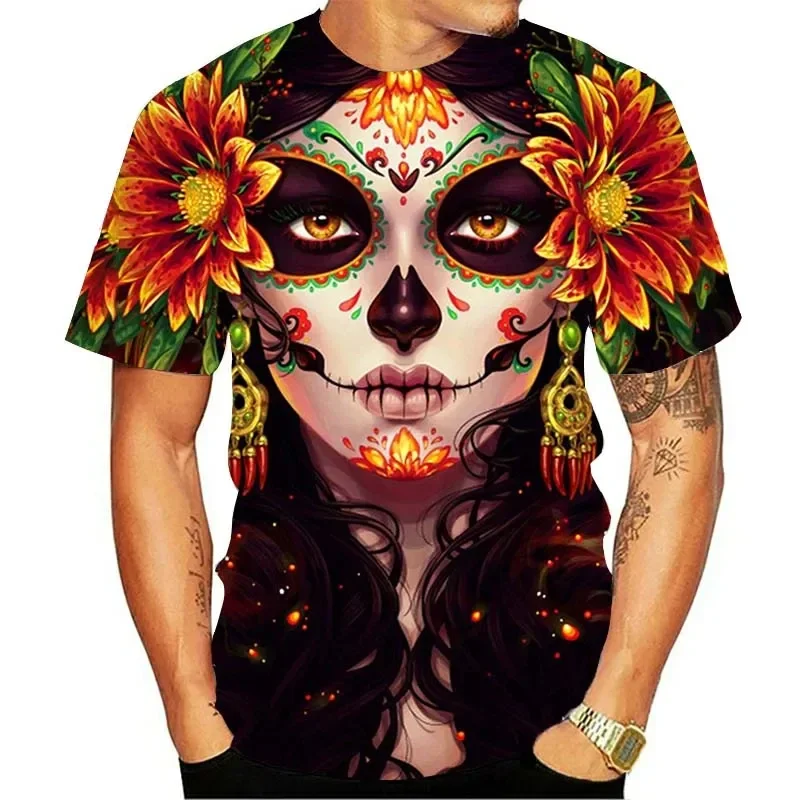 Crânio 3D beleza padrão impressão camiseta masculina, camiseta de manga curta, top de Harajuku, streetwear extragrandes, hip hop, o pescoço,