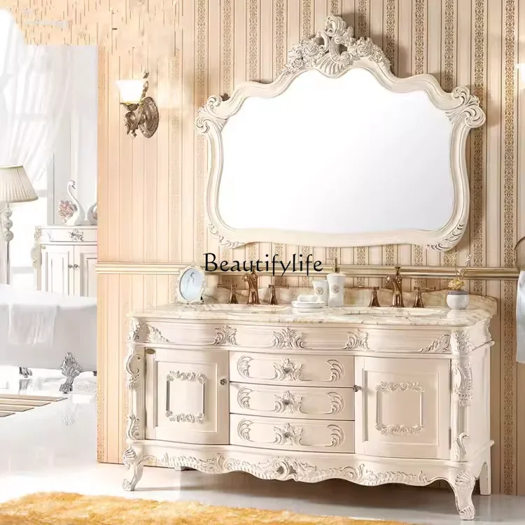 

yj5Antique European bathroom cabinet Red oak solid wood bathroom cabinet Bathroom double basin Wash table Marble