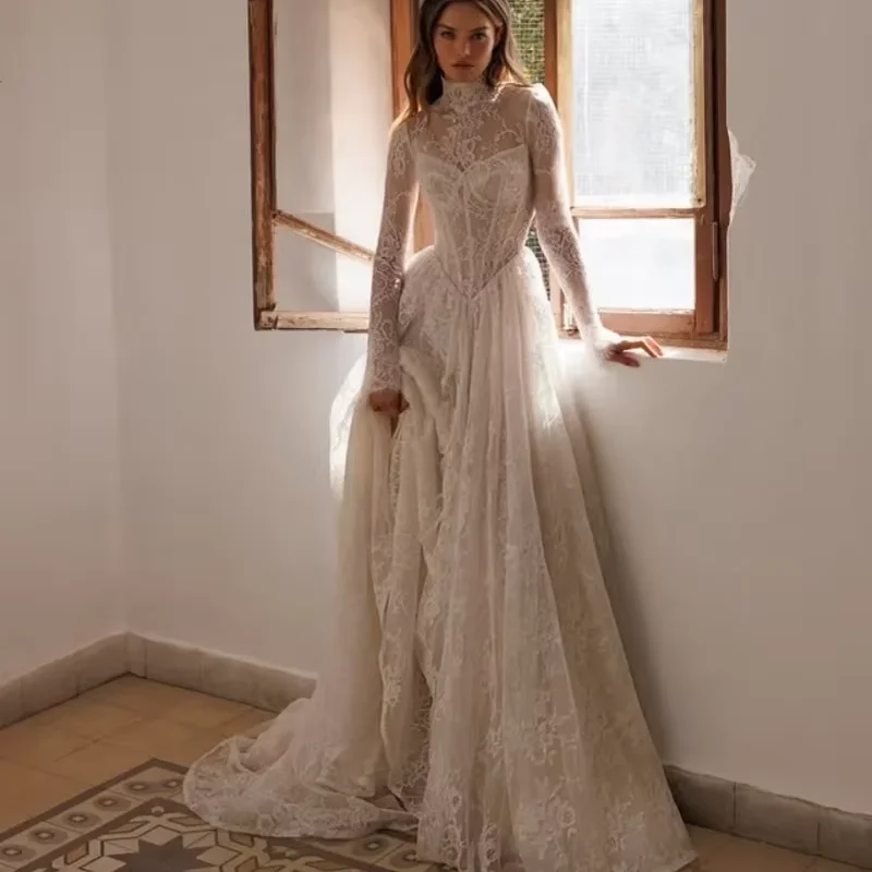 Customized High-Neck Long-Sleeved A-Line Lace Elegant Wedding Dress Vestidos De Novia Amanda Novias Amanda Novias Official
