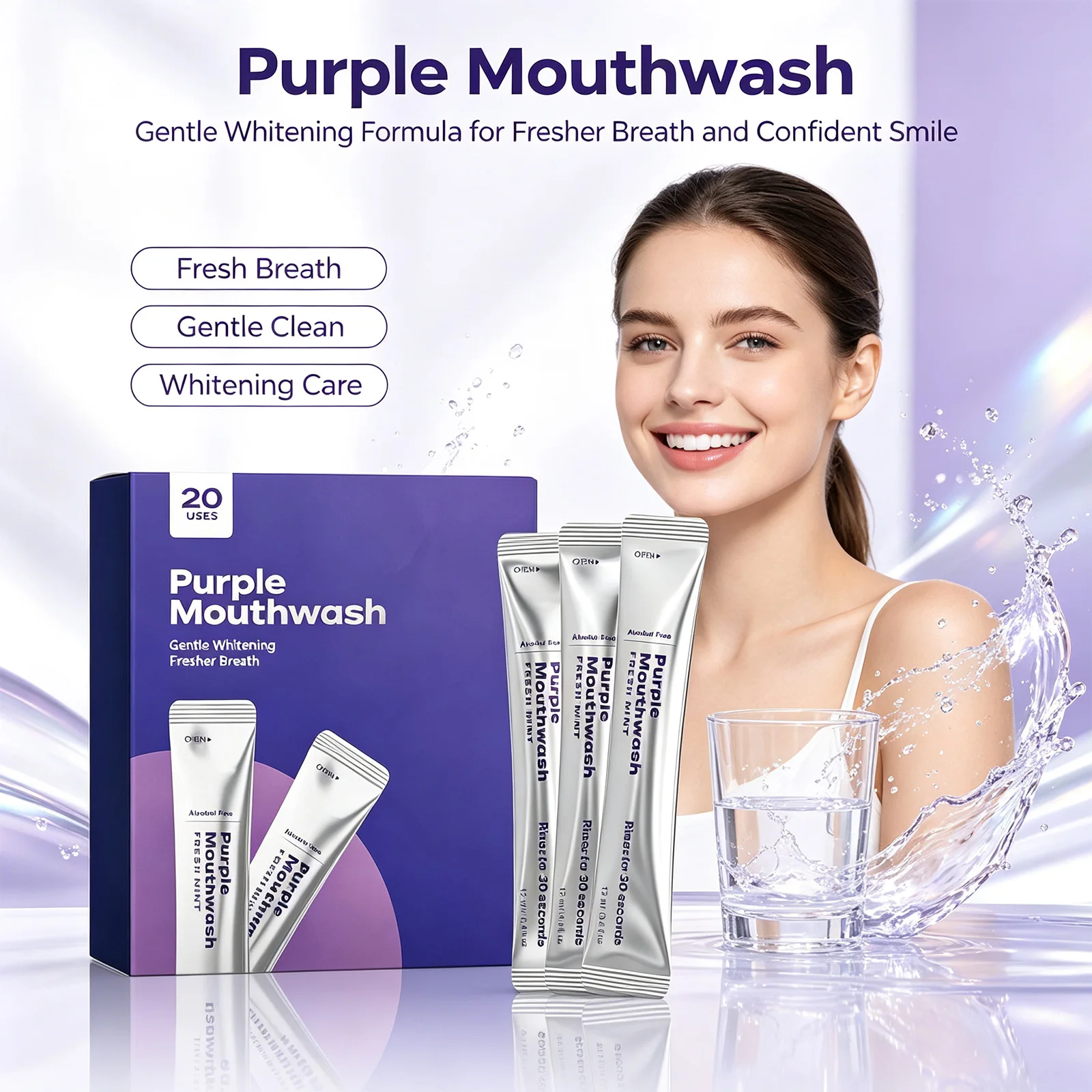 Portable Purple Mouthwash Sachets Fresh Mint Oral Rinse Long Lasting Fresh Breath Gentle Brightening Dental Care 20 Pack