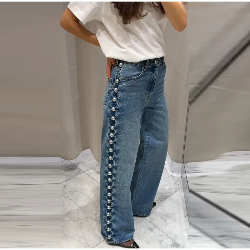 Sexy Hollow Out Jean Women White Flower Baggy Zipper Pocket Straight Long Pants Retro Female New Summer Elegant Lady Streetwears