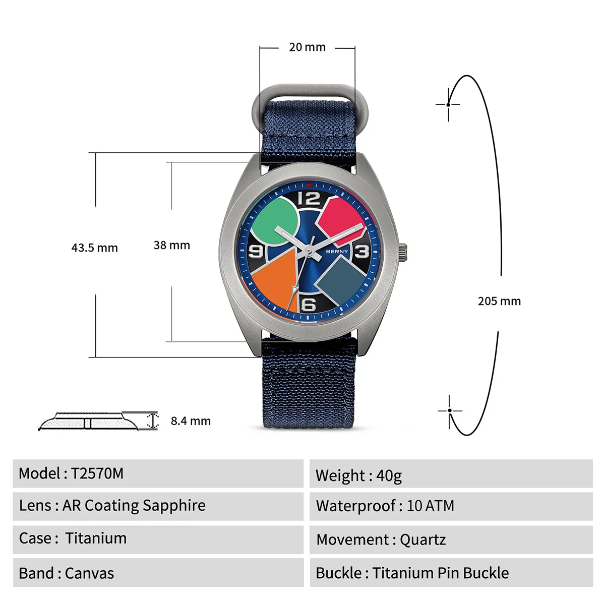 BERNY Titanium Watch for Men Geometric Dial AR Coating Sapphire Eye-catching Multi-color Luminous Canvas Titanium Watch for Men