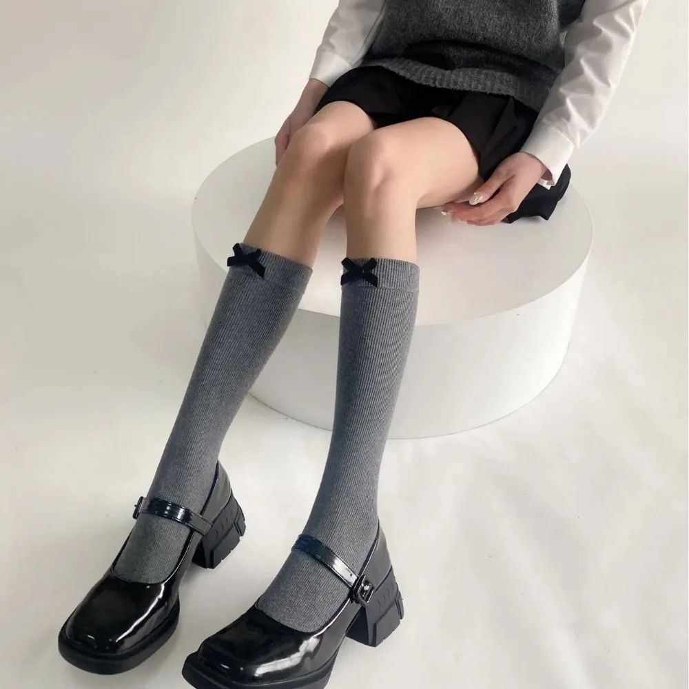 Women Velvet Bow Stockings Kawaii Knee Socks School Long Socks Stockings JK Lolita for Sweet Girl Black White Gray College Style