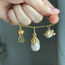 New Summer Copper Natural Stone Puffer Fish Pendent Neckalce for Women Men Party Jewelry Birthday Gifts