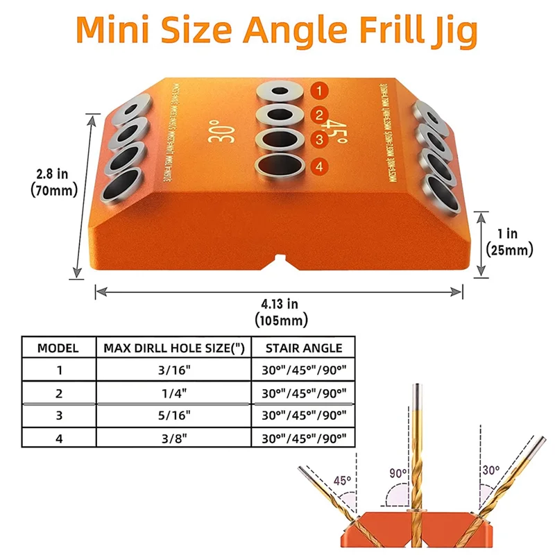 Drill Guide 30 45 90 Degree Angle 4 Size Drill Hole Lag Screw Drill Template Jig for DIY Wood Crafts Stair Wire Handrail