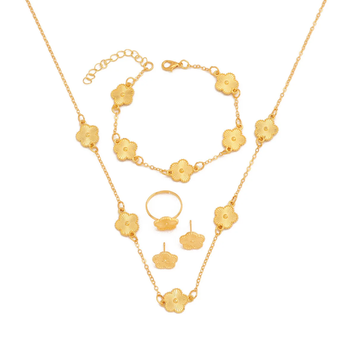 Luxury Gold Five Leaf Clover Jewelry Set Women's Fashion Necklace Bracelet Ring Earrings Set Party Wedding Accessories