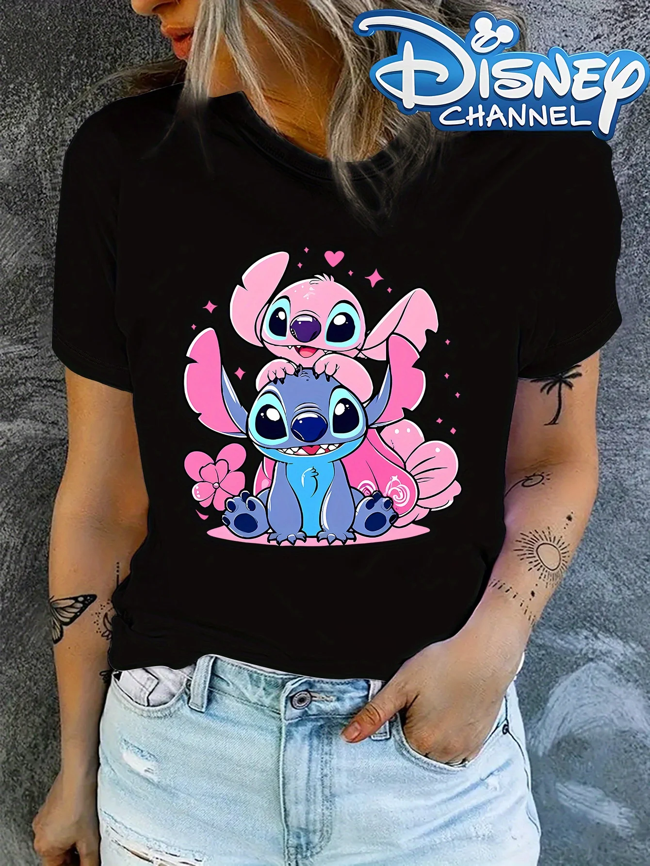 

2025 Disney Pattern Printed Women's Casual Comfortable Unique Smiling Face Black Round Neck Short Sleeve T-shirt