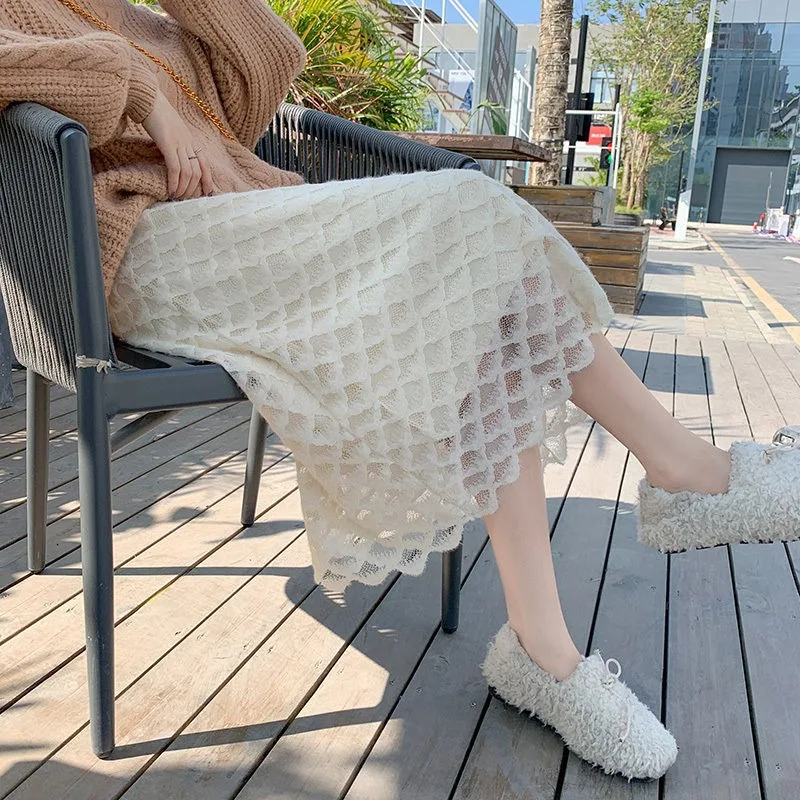 Double knit lace mid length skirt for women autumn and winter solid paired with a sweater for a high A-line skirt female tops