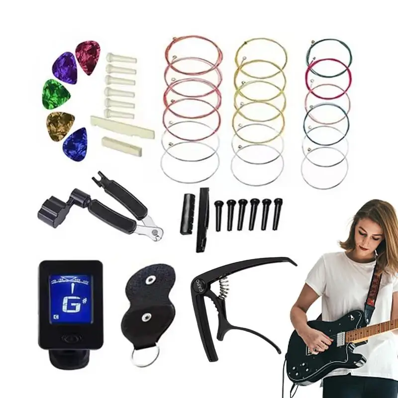 Guitar Accessories Set Beginner Guitar Restring Kit Guitar Tuner Set With Rust-Resistant Coating For Guitar Player Music Lover