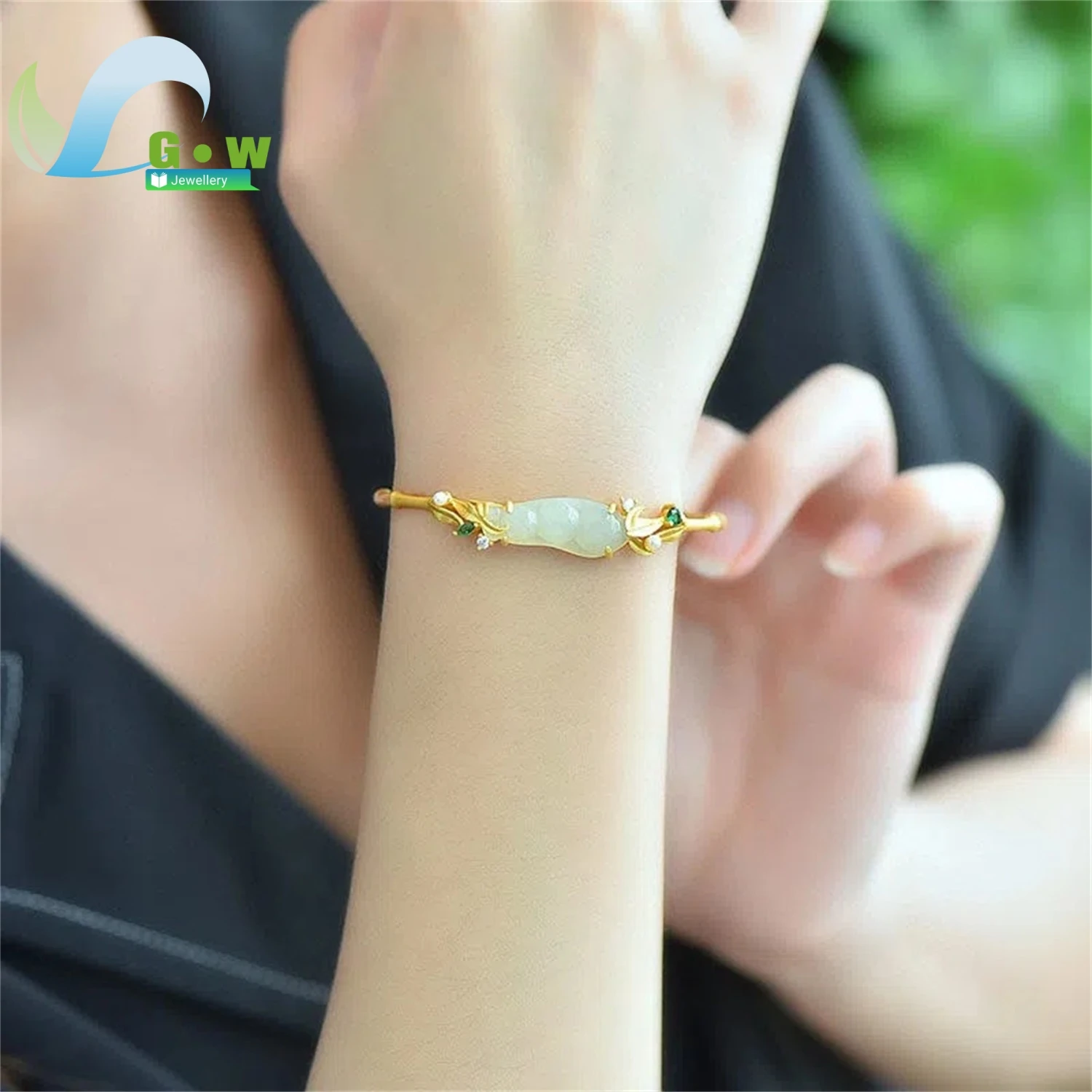 

Modern Contemporary Hetian Jade Bracelet with Bamboo and Gourd Pattern Silver Gold Plated for Women Trendy Fashion Jewelry Gift