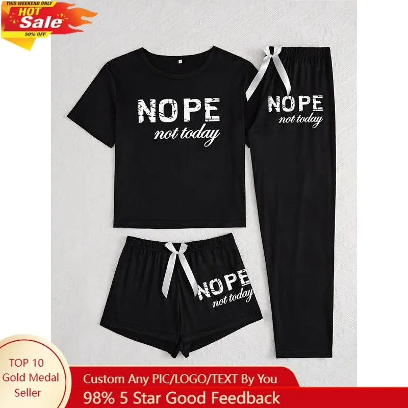 

Women's Casual Letter Print Pajama Set, Three-Piece Sleepwear for All Seasons, Fitted Kint Fabric, Comfortable Nightwear