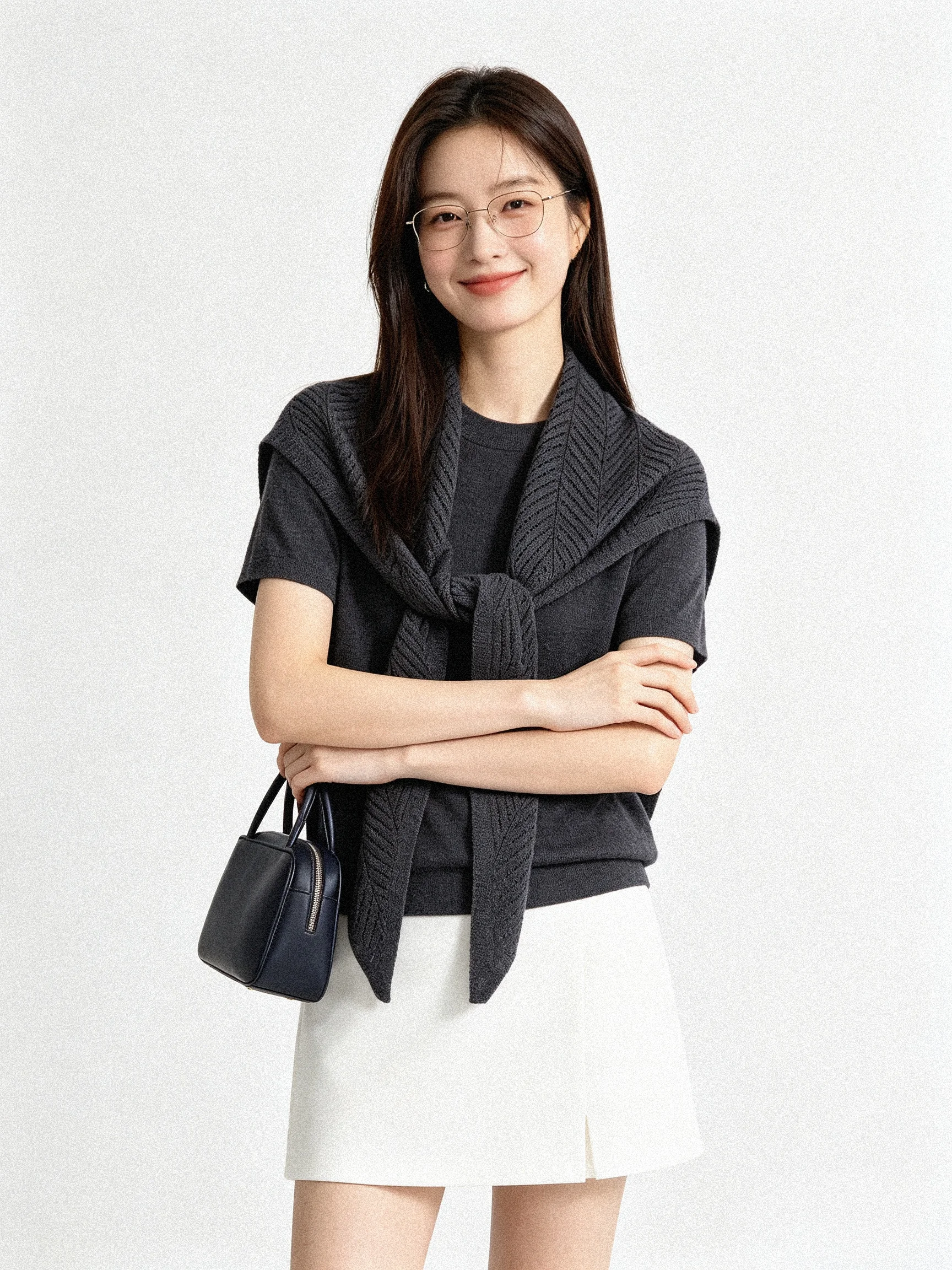 Fall Korean Style Short Sleeve Knitted round Neck T-Shirt Versatile Shoulder Wrap Top Slimming Elegant Fashionable Ladies' Tee