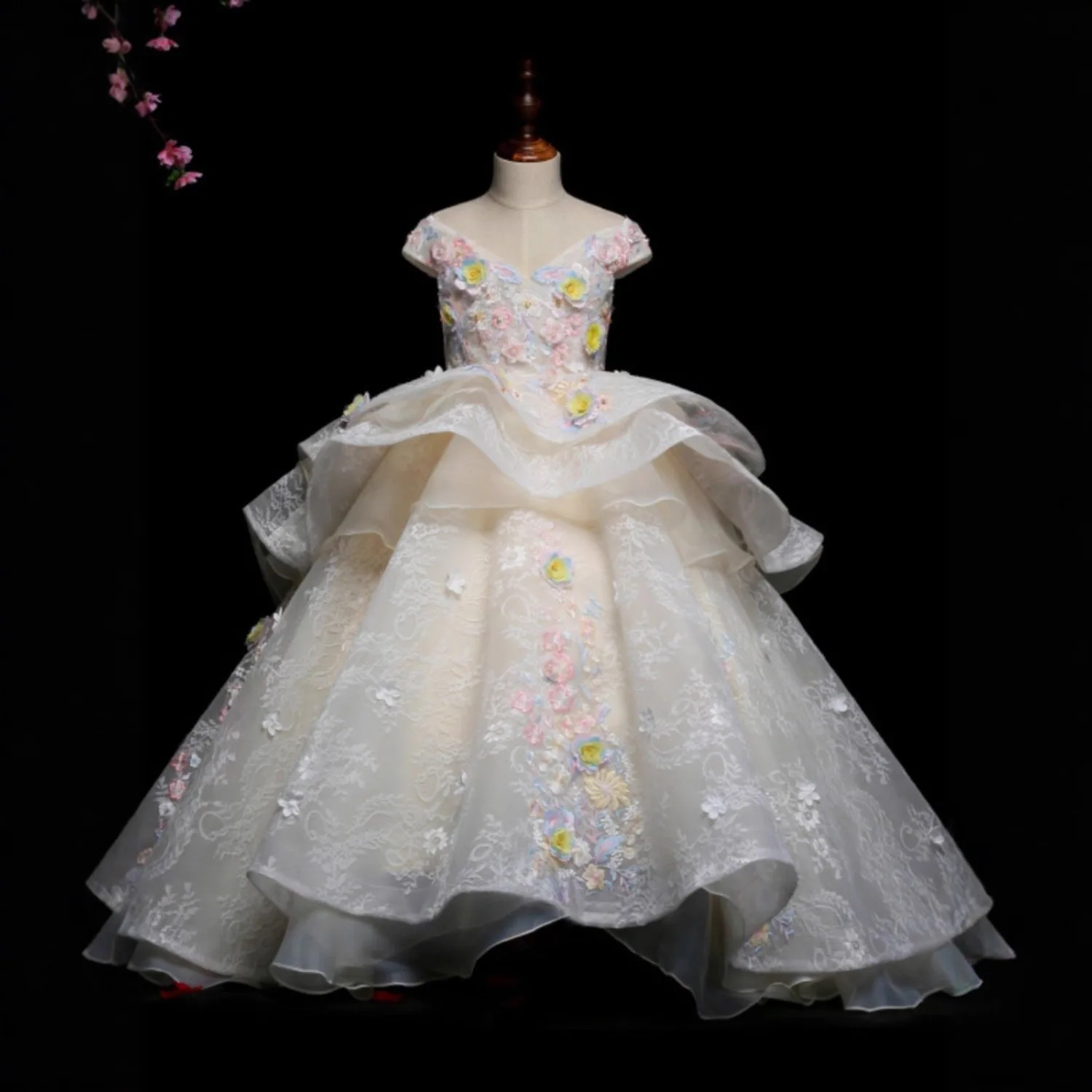 Robe de princesse pour filles, avec des appliques florales, jupe superposée en Tulle, épaules dénudées, tenue de soirée formelle, Costume de concours élégant