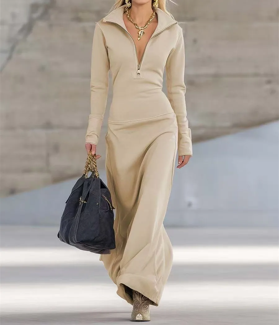 ใหม่ฤดูใบไม้ร่วง/ฤดูหนาวแฟชั่นลำลองแขนยาวคอตั้งซิปสีทึบสลิมฟิตเดรสยาวถึงข้อเท้า,4 สี