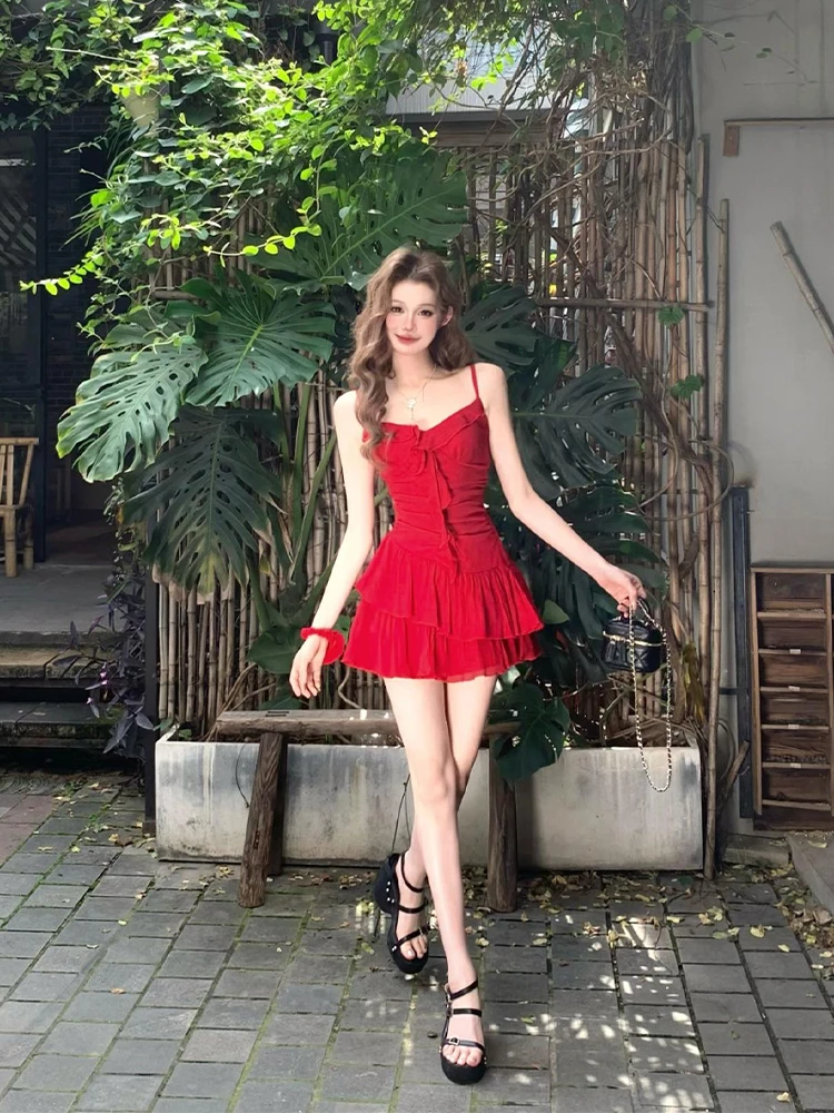 

plus Size Sweet Spicy Red Strapl Dr Women's Fat MM Pure Desire Sexy Waist Cinching Slimming ort Skirt Korean Sle