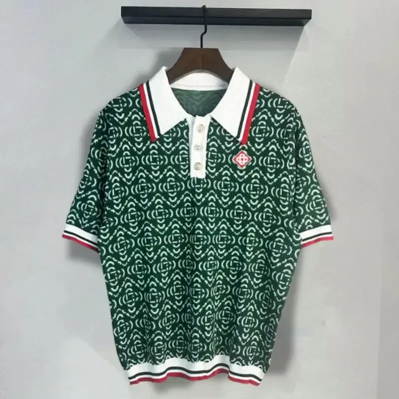 

25ss Fully Printed Pearl Breasted CASA Oversized T-shirt Men Women 2XL Casa Half Open Collar Knitted Short Sleeves