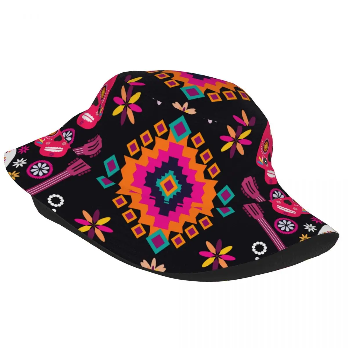 Mexican Sugar Skulls And Flowers Unisex Casual Sun Hat Bucket Hat Bob Hip Hop Cap Fisherman Hat Panama