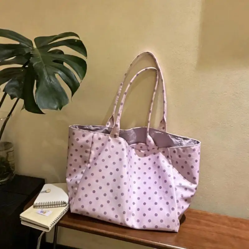 

New light purple polka dot tote canvas bag new style shoulder bag underarm bag ladies' cute tote pouch Female shoulder Handbag
