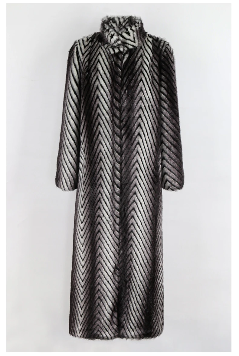 Nerazzurri Winter Extra Long Thick Warm Luxury Elegant Striped Fluffy Faux Mink Fur Coat Women Stand Collar Maxi Overcoat 2022