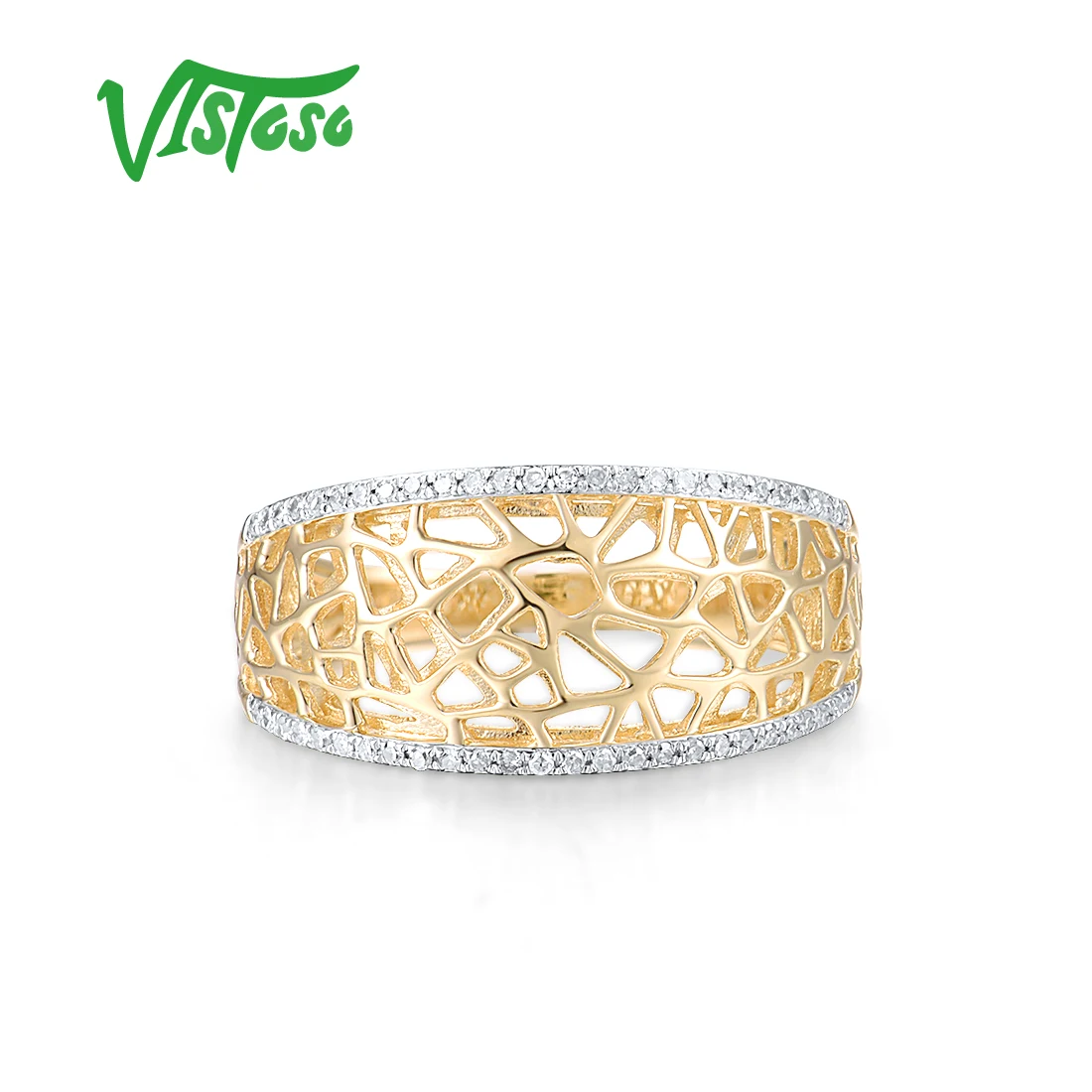 VISTOSO Genuine 14K 585 Yellow Gold Ring For Women Sparkling Diamond Big Ring Concise Fashion Engagement Wedding Fine Jewelry