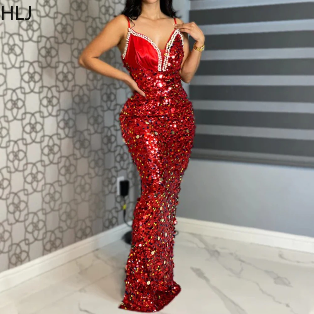 

HLJ Fashion Sequin Deep V Evening Party Spaghetti Strap Long Dress Women Backless Bodycon Vestidos Sexy Sparkling Dress Clothing