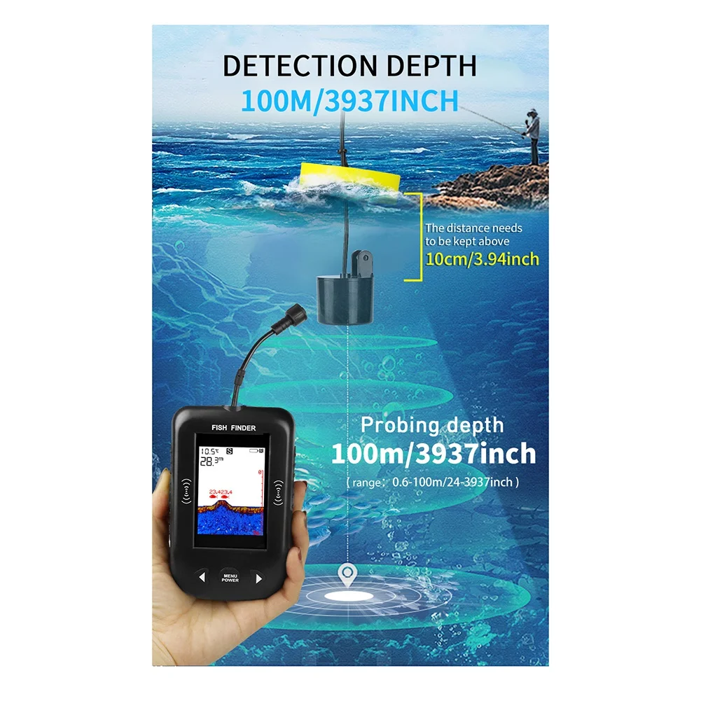 Portable Fish Finder Water Depth Sounder Temperature Fishfinder with Wire Sonar Sensor Transducer for Fishing Black HGC
