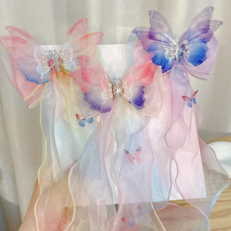 Butterfly Hair Clip Ancient Style Gradient Bow Ribbon Hair Accessory Princess Super Fairy Top Clip Girl's Movable Hair Clip 머리핀