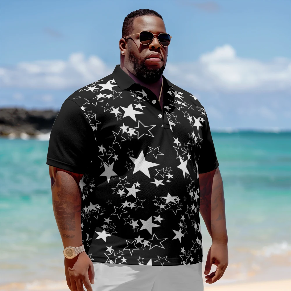 

1 men's plus size polo shirt with summer black and white star print casual lapel button suitable for shopping and golf