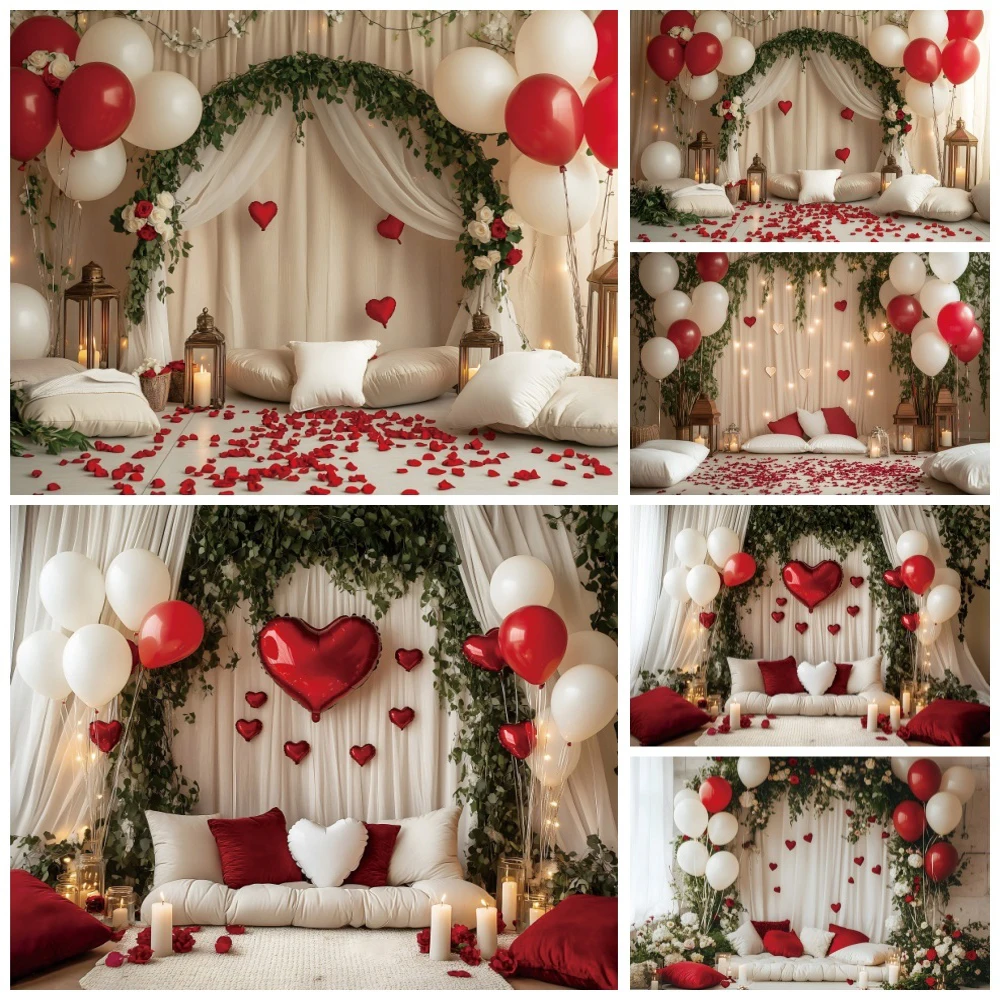 

Wedding Portrait Photography Backdrop Romantic Valentine's Day White Curtains Love Balloon Rose Flowers Party Decor Background