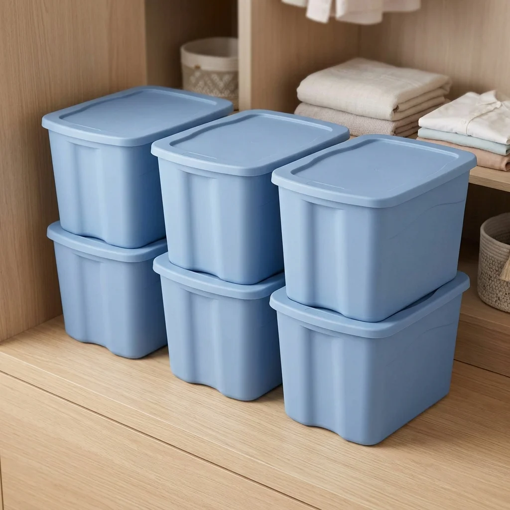 8-Pack 18 Gallon Plastic Storage Totes, Light Blue Snap-On Recessed Lids, Built-In Handles, Stackable Containers For Closet & Dorm Organization