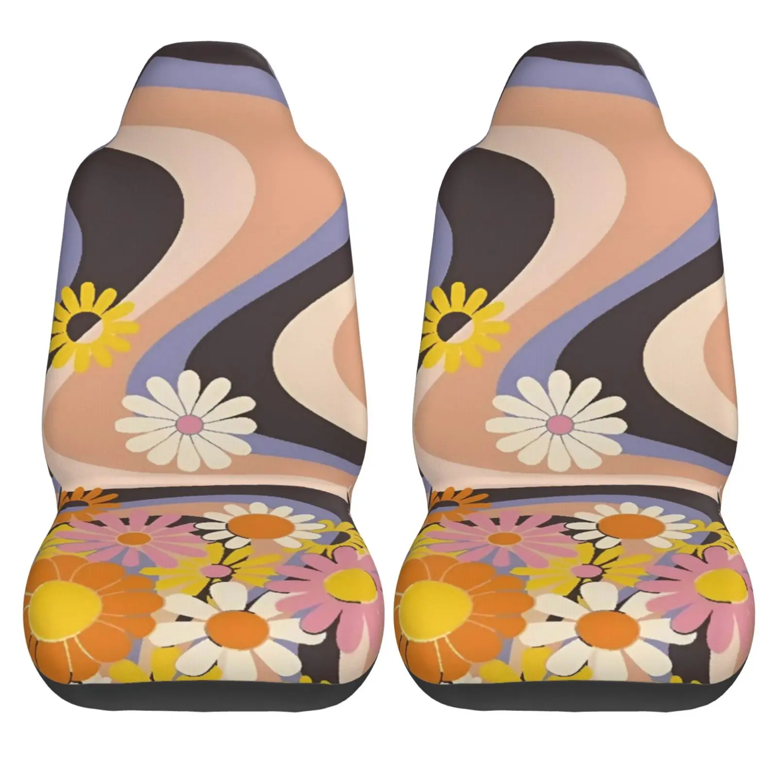 Psychedelic Hippie Flower Vintage Inspired Print Car Seat Cover 2pcs Printing Universal Front Protector Accessories Cushion Set
