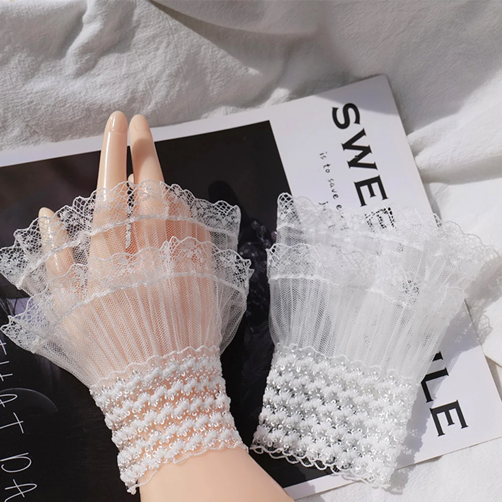 

Women Lace Mesh Stretch Horn Cuffs Detachable Fake Sleeves Wedding Bridal Accessories Flounces Sleeves Pleated Wrist Cuffs