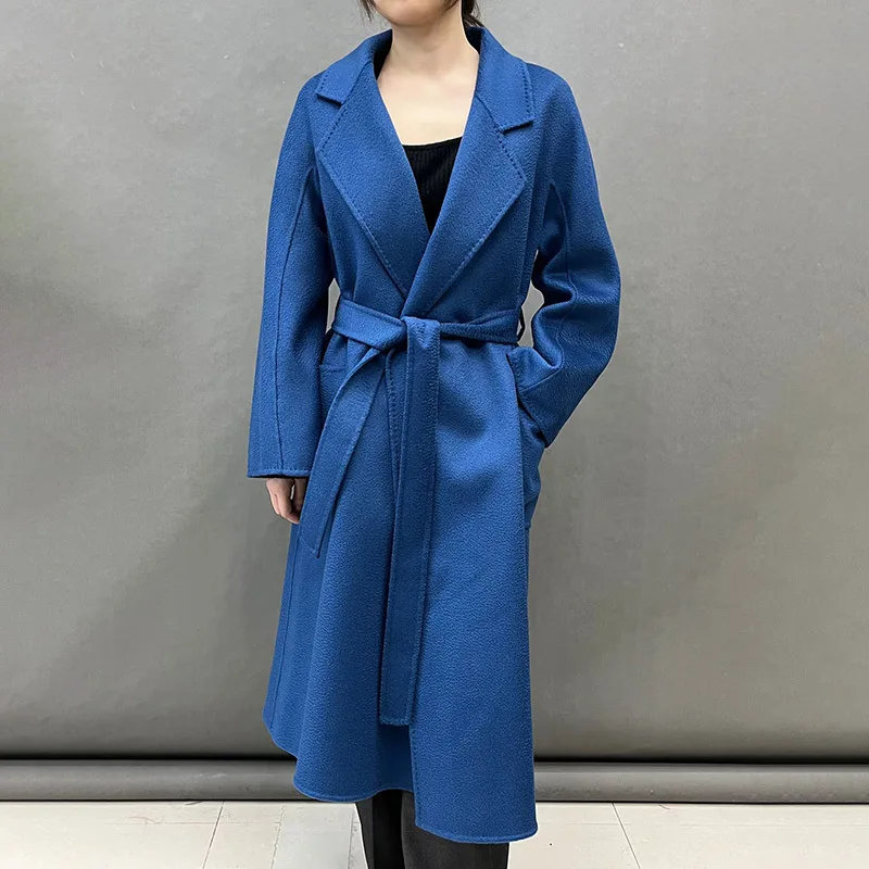 2024 Winter New Styles Fashion Cashmere Wool Coat Lady Trench Coat Water Ripple Jacket with Belt Turn Down Collar