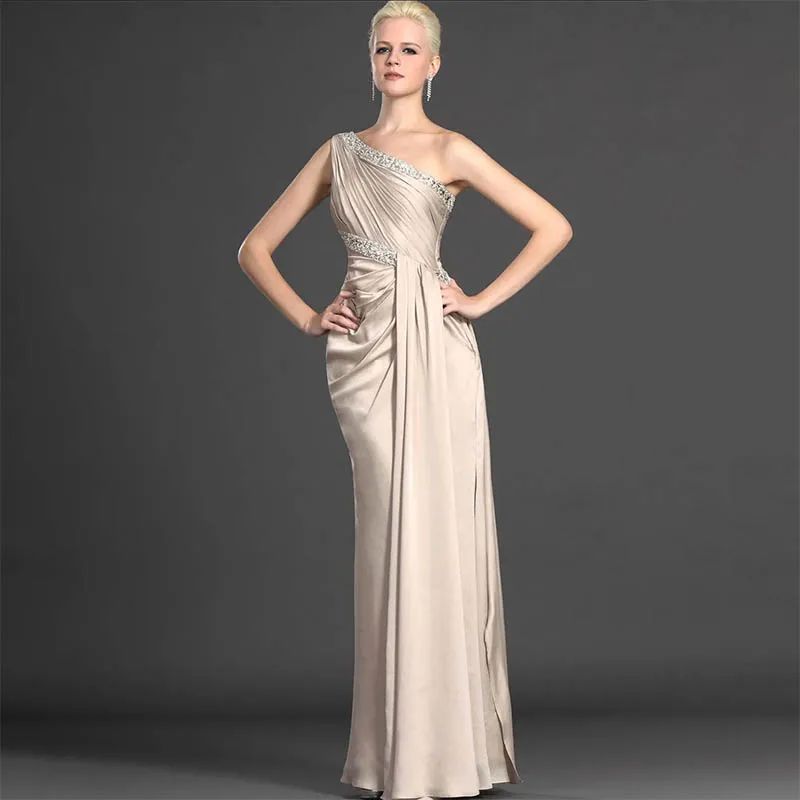 Stylish Champagne Mermaid Satin Mother of the Bride Dresses Beaded One Shoulder Floor-Length Groom Mother Dresses For Weddings