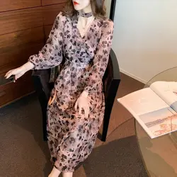 Chiffon Flower Long Maxi Female Dresses Silk Floral Sleeve Satin Women's Dress Elegant Luxury Retro One-piece Pieces Beautiful G