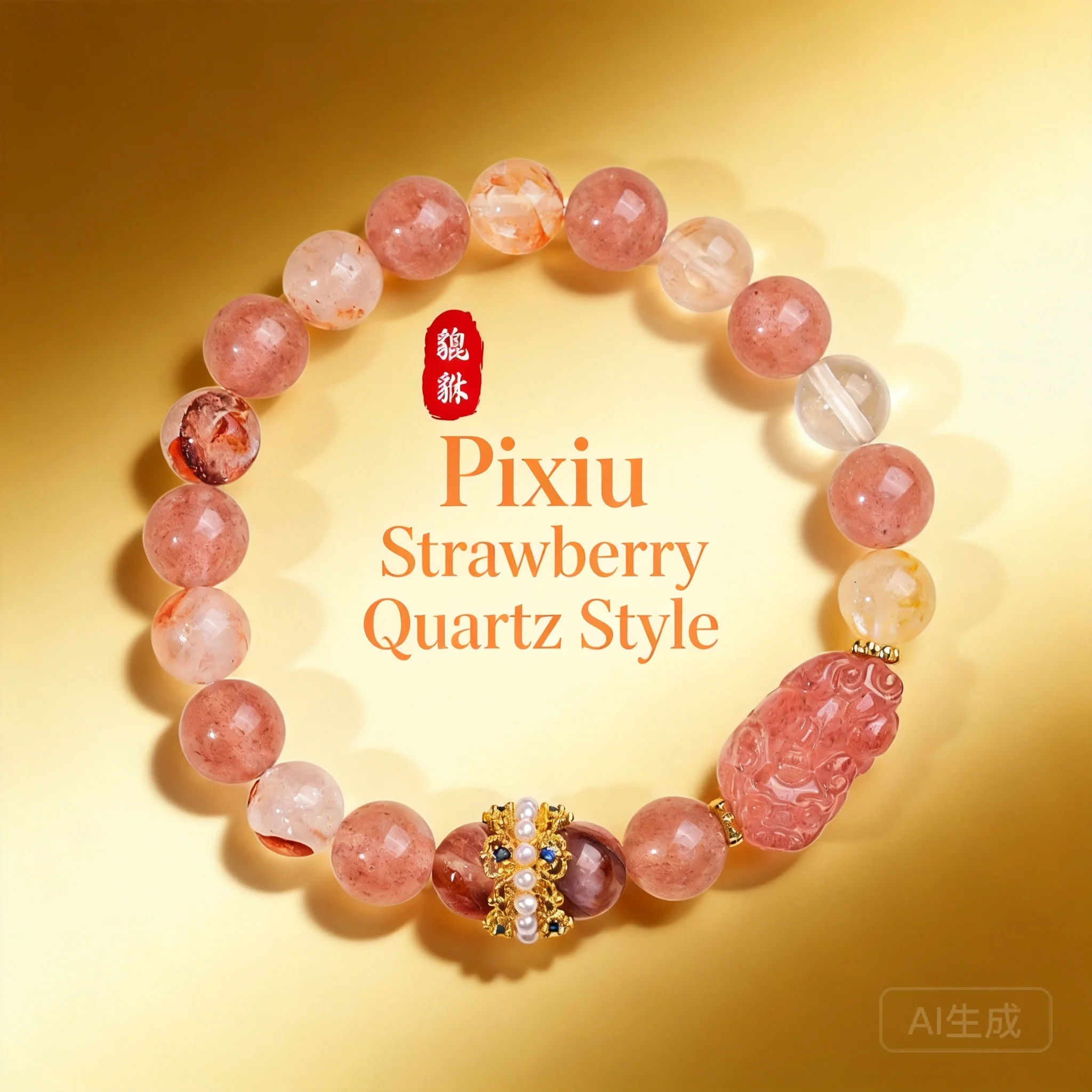 Women's 2026 Chinese Style Natural Strawberry Quartz Pixiu Bracelet Red Gel Floral Crystal Beaded Bracelet Delicate Minimalist
