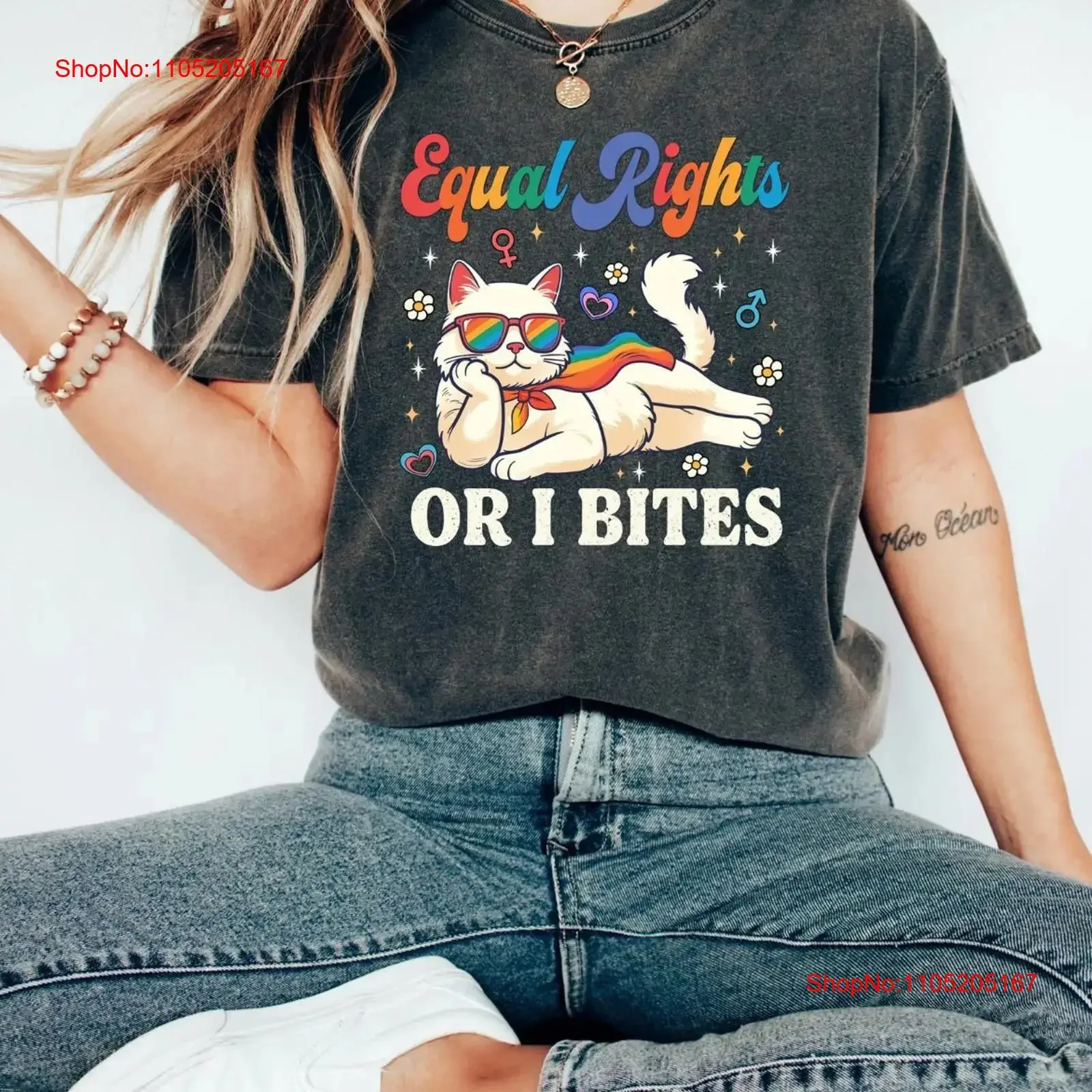 Equal Rights Or I Bites T Shirt Feminist CaT Rainbow Pride Ally vintage Washed designer clothes Stylish Stretched streetwear