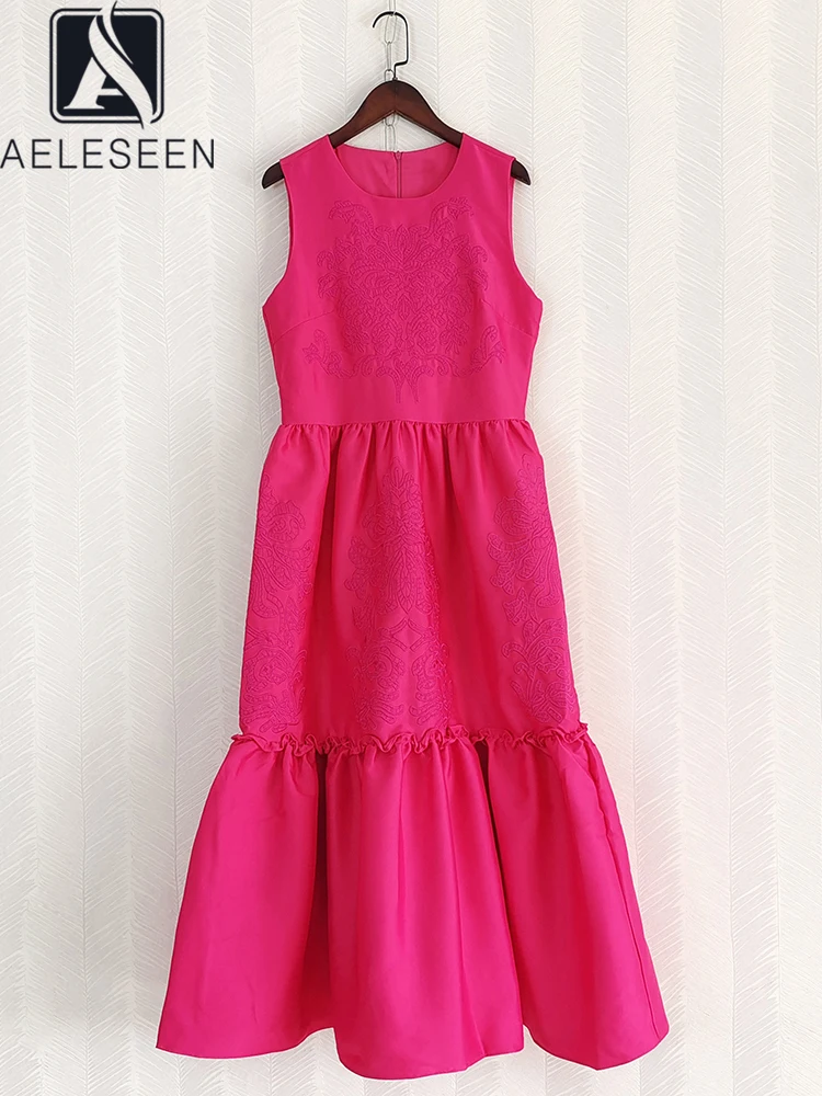 

AELESEEN Designer Fashion Women Tank Dress Luxury Sleeveless Solid Red Black Flower Embroidery Ruffles Calf-Length Casual