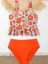 2026 Girls Swimsuit Floral Two Piece High Waist Kids Swimwear Female Children's Bathers Bathing Swimming Swim Suit Beachwear