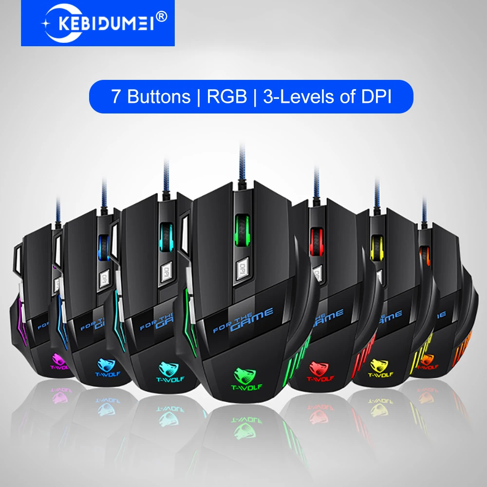 KEBIDUMEI 7 Buttons Wired Gaming Mouse RGB Backlit Mouse Ergonomic USB Mouse 2400 DPI 3 Level DPI For PC Laptop Windows Mac OS