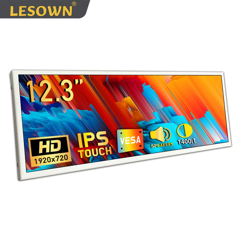 LESOWN 12.3 inch Long Bar Monitor Wide Touchscreen HDMI USB-C 1400:1 IPS 1920x720 Strip LCD Screen External Display Frame Metal