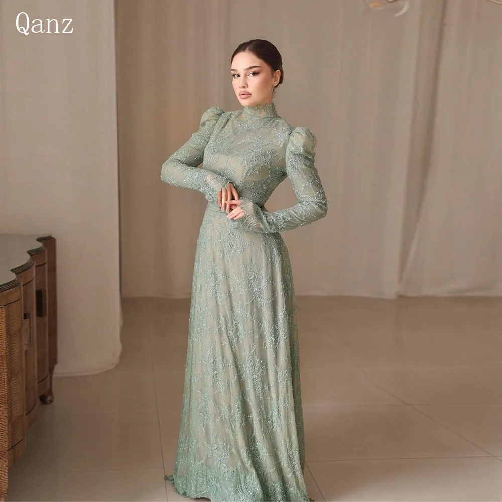 Qanz Sage Green Lace Evening Dresses Appliques Long Sleeves Formal Occasion Dresses Vestidos Para Eventos Especiales Customized