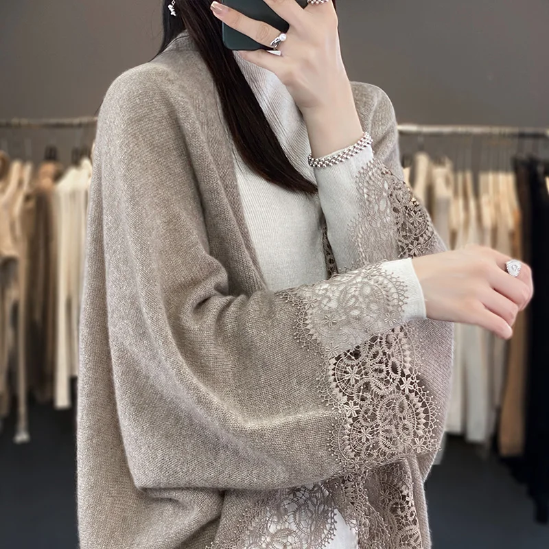 2024 New Fashion Spring and Autumn Women\'s Open Knitted Sweater Soft 100% Merino Wool Knitted Sweater Korean Shawl Fashion Top