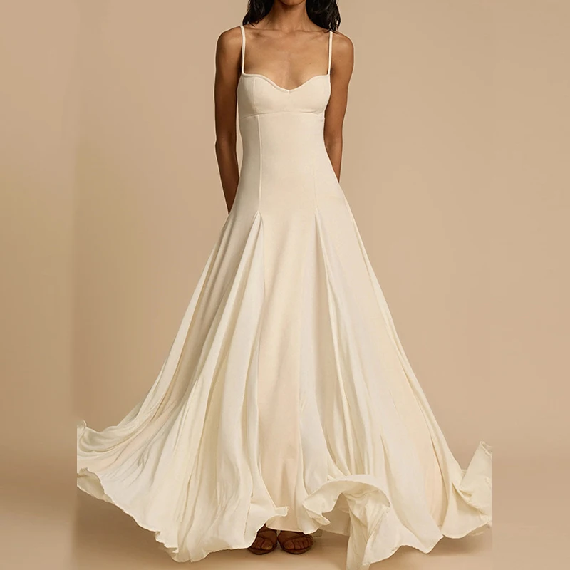 Women's Casual Vacation Pleated Long Dress Fashion Solid Color Boho Slim Dress Summer New Suspender Sleeveless Big Swing Dresses